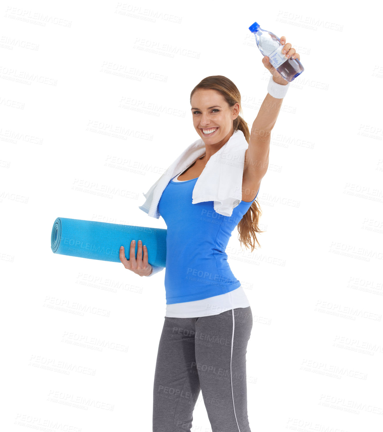 Buy stock photo Yoga mat, water bottle and portrait of woman in studio for exercise, training or workout. Happy, fitness and young female person with hydration drink for sports isolated by white background.