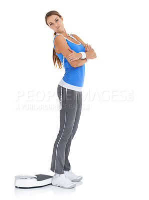 Buy stock photo Young woman, portrait and scale for fitness, weight loss or diet on a white studio background. Female person with arms crossed standing in confidence for workout, exercise or training on mockup space
