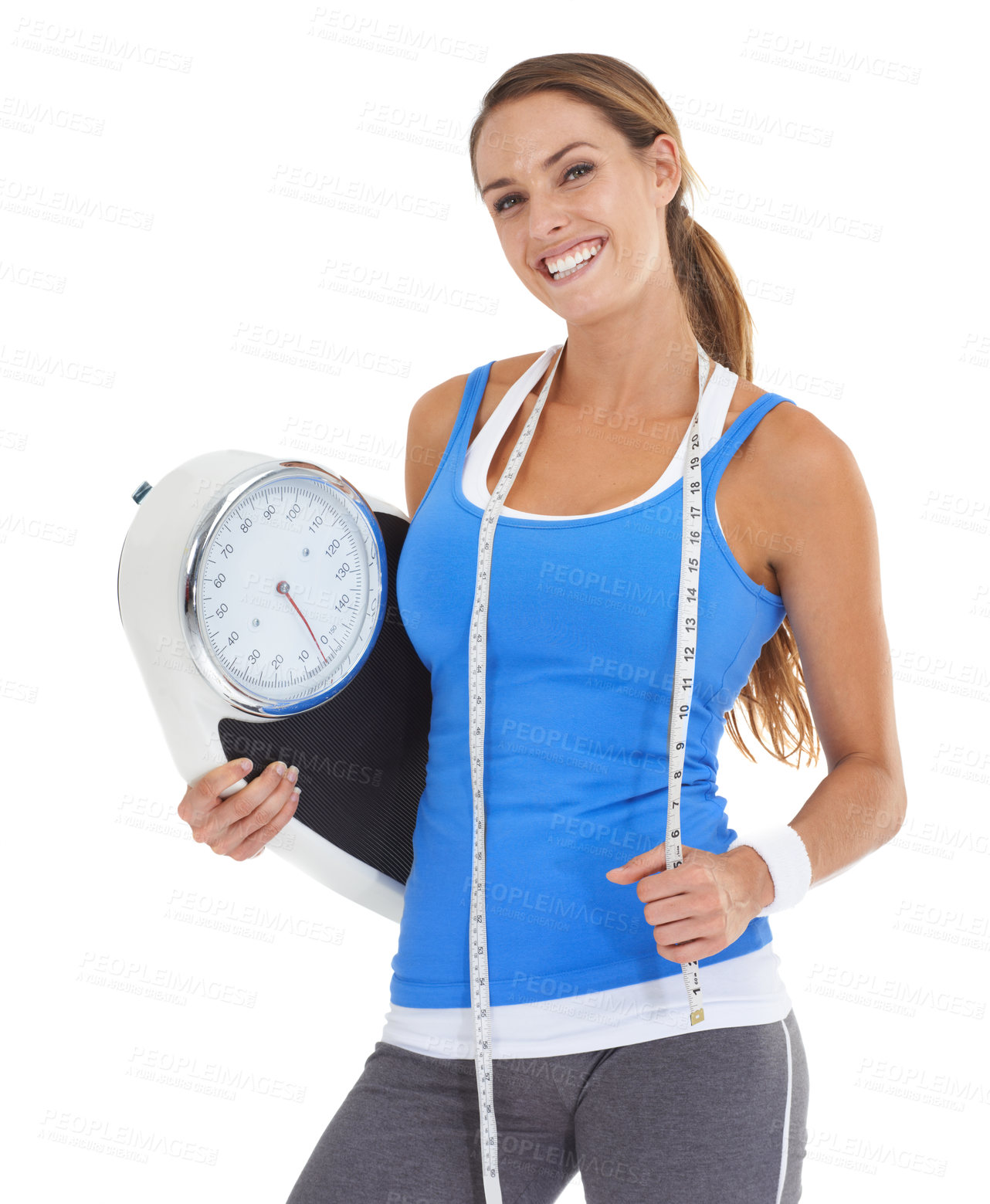 Buy stock photo Scale, workout and woman in studio for fitness results, wellness and training with measure tape and portrait. Happy sports person or model for diet equipment or body progress on a white background