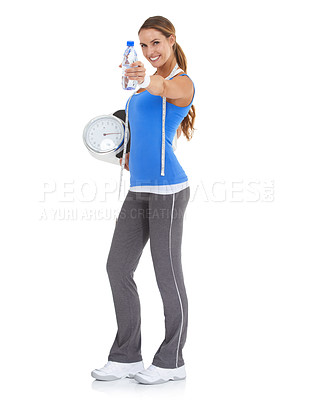 Buy stock photo Woman, water bottle and scale for health, nutrition and diet with exercise, workout or results in studio. Portrait of model with measure tape and liquid or offer for training on a white background