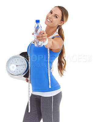 Buy stock photo Woman, water bottle and fitness scale for health, diet and exercise, workout or wellness results in studio. Portrait of model with measure tape and liquid or offer for training on a white background