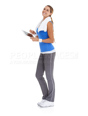 Buy stock photo Woman, fitness and tablet in studio portrait for health data or results of workout, exercise and training progress. Sports model with digital technology for wellness website on a white background
