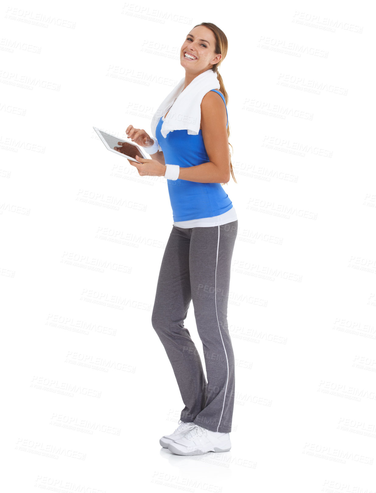 Buy stock photo Woman, fitness and tablet in studio portrait for health data or results of workout, exercise and training progress. Sports model with digital technology for wellness website on a white background