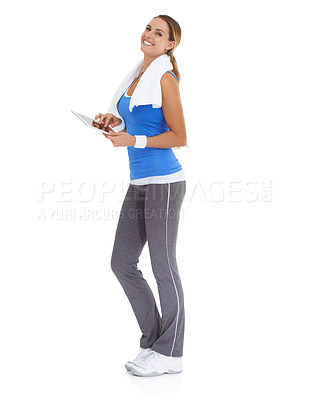 Buy stock photo Woman, exercise and tablet in studio portrait for health data or results of workout, fitness and training progress. Sports model with digital technology for wellness website on a white background