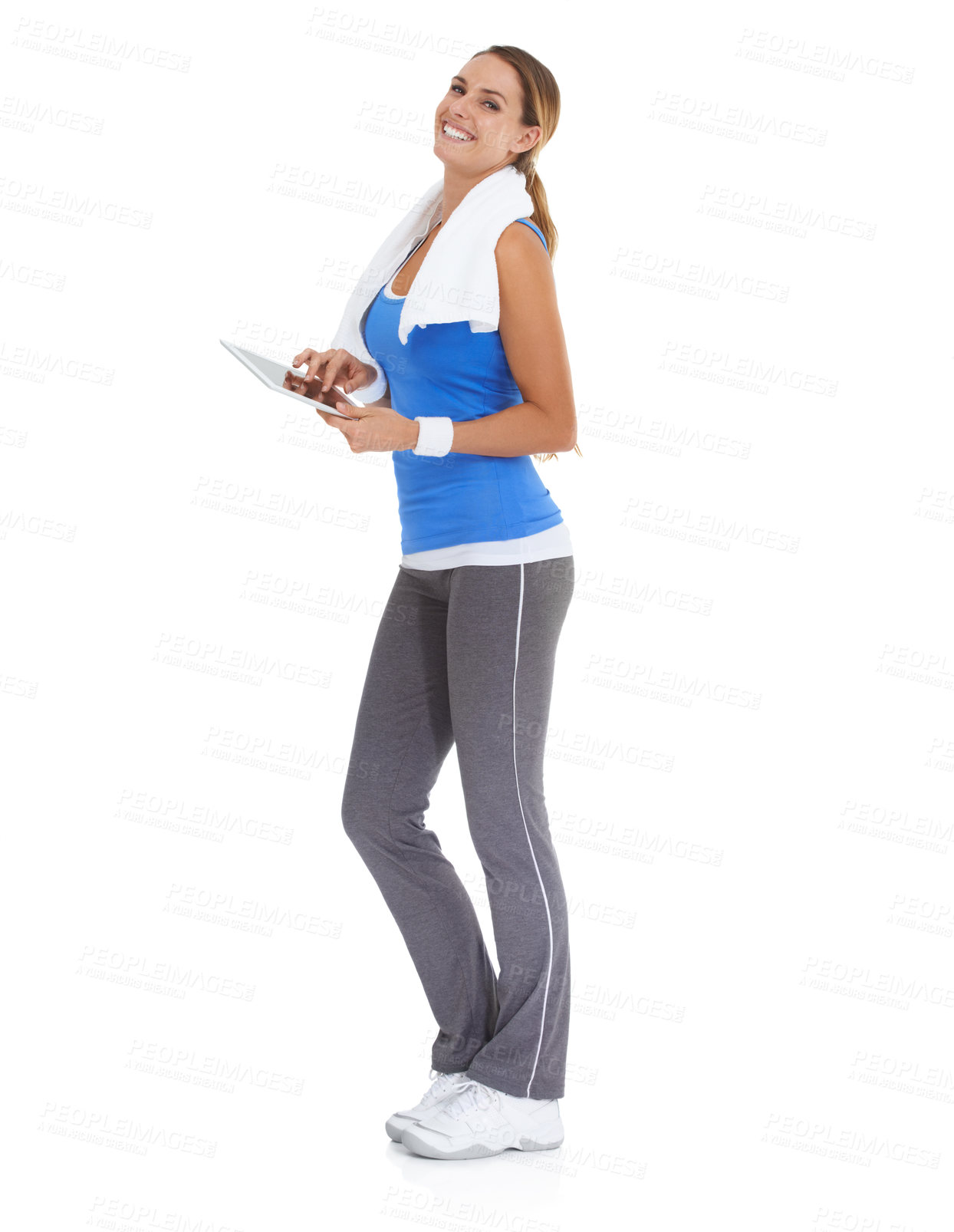 Buy stock photo Woman, exercise and tablet in studio portrait for health data or results of workout, fitness and training progress. Sports model with digital technology for wellness website on a white background