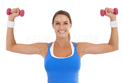 Buy stock photo Weights, fitness and portrait of woman in a studio for arm strength workout, training or exercise. Smile, sports and young female athlete with dumbbell equipment for muscle health by white background
