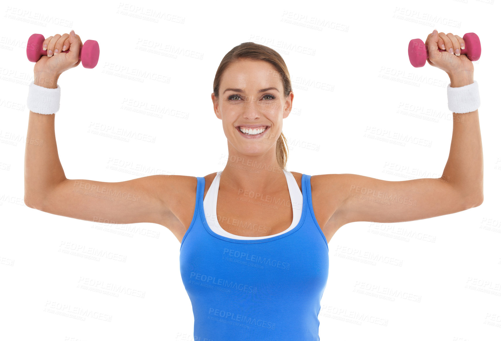 Buy stock photo Weights, fitness and portrait of woman in a studio for arm strength workout, training or exercise. Smile, sports and young female athlete with dumbbell equipment for muscle health by white background
