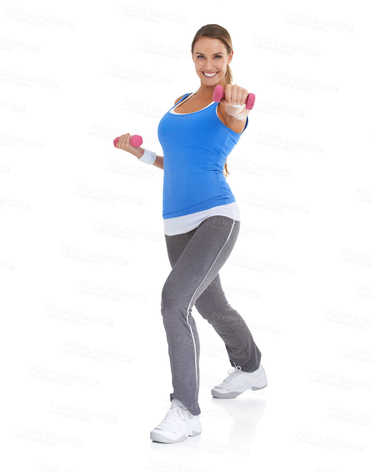 Buy stock photo Weights, sports and portrait of woman in a studio for arm strength workout, training or exercise. Smile, fitness and young female athlete with dumbbell equipment for muscle health by white background