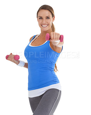 Buy stock photo Weights, health and portrait of woman in a studio for arm strength workout, training or exercise. Smile, sports and young female athlete with dumbbell equipment for muscle health by white background.