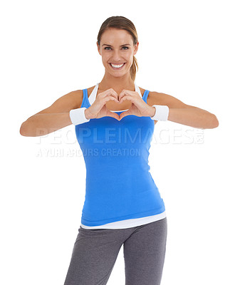 Buy stock photo Happy woman, portrait and heart hands for fitness, love or care isolated on a white studio background. Female person or athlete smile with like emoji, shape or symbol in health and wellness on mockup