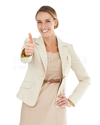 Buy stock photo Portrait, white background or businesswoman with thumb up, good deal or ok sign isolated in studio. Happy, like or confident manager with pride, smile or hands gesture for approval, agreement or yes