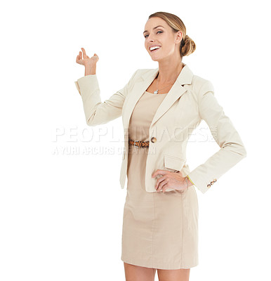 Buy stock photo Hand, presentation or portrait of happy businesswoman with mockup space, offer or about us. White background, studio or advisor showing a sales discount, promotion announcement or investment news