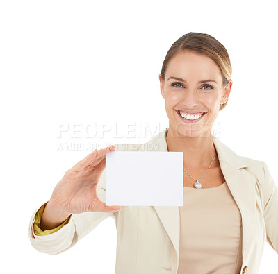 Buy stock photo Smile, portrait or businesswoman with card mockup for a sale, promotion offer or logo advertising deal. Signage, plain bulletin board or happy lady with blank space in studio on white background 