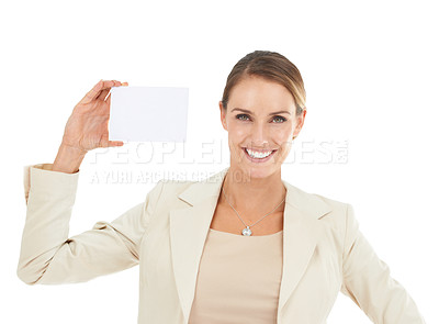 Buy stock photo Happy, portrait or businesswoman with card mockup for a sale, promotion offer or advertising deal. Smile, plain bulletin board or lady with blank signage space in studio on white background 