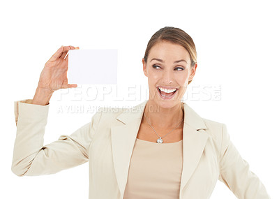 Buy stock photo Mockup, portrait or Happy woman with business card for a sale, promotion offer or logo advertising deal. Smile, plain bulletin board or lady with blank signage space in studio on white background 