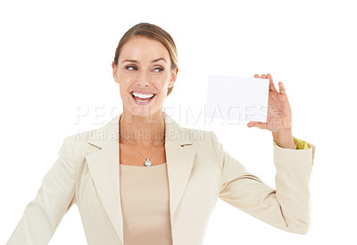 Buy stock photo Space, smile or happy woman with business card for a sale, promotion offer or logo advertising deal. Show, plain bulletin board or entrepreneur with blank signage mockup in studio on white background
