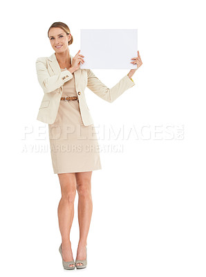 Buy stock photo Professional woman, poster mockup and presentation for advertising job opportunity, news or information in studio. Portrait of business or HR person with paper and career space on a white background