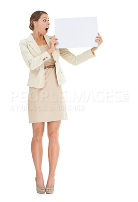 Buy stock photo Surprise, wow or businesswoman with card mockup for a sale, promotion offer or advertising deal. Signage, plain bulletin board or excited lady with blank space in studio on white background 