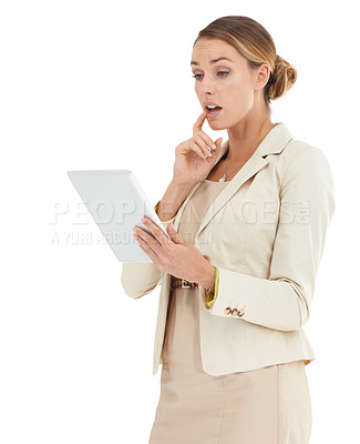Buy stock photo Business woman, reading tablet and shocked or thinking in studio of solution, trading or stock market investment. Financial trader on digital technology with surprise for news on a white background