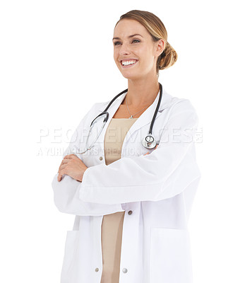 Buy stock photo Doctor, happy woman or arms crossed in studio with pride or confidence in medical career as cardiologist. Thinking, coat or medicine consultant with smile or healthcare isolated on white background