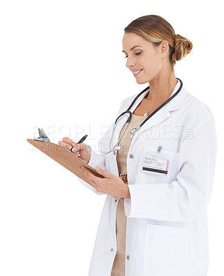 Buy stock photo Woman, doctor and writing with documents in studio for medical checklist, assessment and consultation. Professional or healthcare worker with notes, clipboard or clinic services on a white background