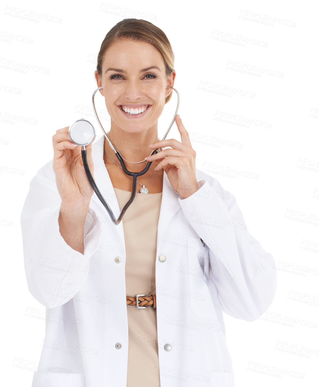 Buy stock photo A beautiful female doctor holding up a stethoscope to the camera