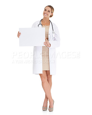 Buy stock photo Doctor, studio or happy woman in portrait for poster, advertising or healthcare info on board. White background, smile or medical professional with medicine announcement ads, paper or mockup space