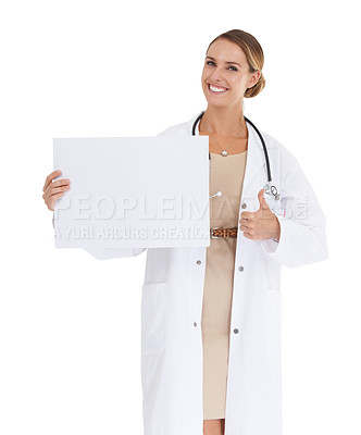 Buy stock photo Doctor, thumbs up and poster mockup in studio for medical information, services and presentation. Portrait of healthcare woman with like, yes and feedback with paper and space on a white background
