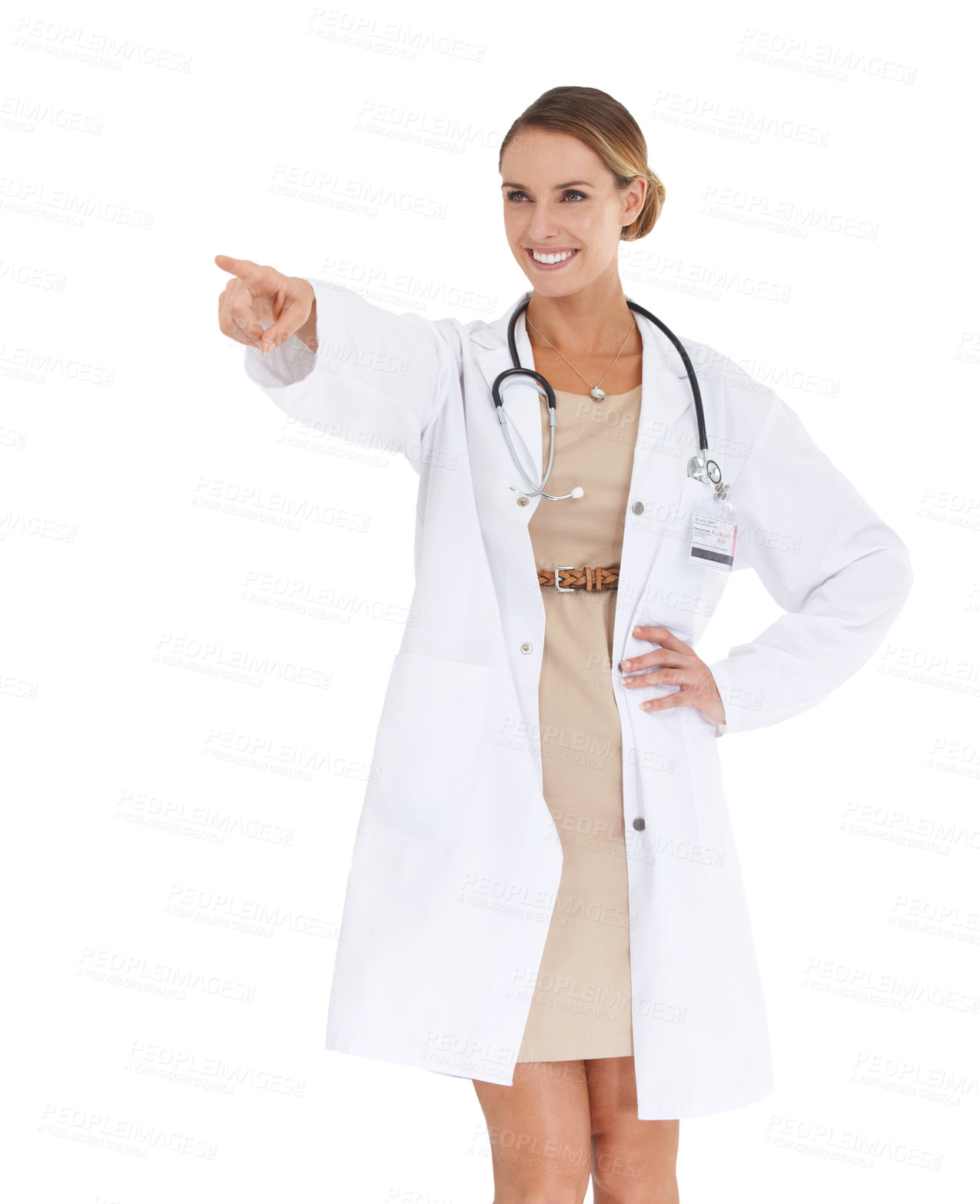 Buy stock photo Happy woman, studio or doctor pointing at mockup space isolated on white background with smile. Wellness, advertising or nurse showing medical healthcare information,  or advice