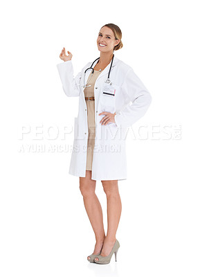 Buy stock photo Happy woman, advertising or portrait of doctor pointing up at space isolated with white background. Help, smile or confident nurse showing medical healthcare information, service or advice in studio