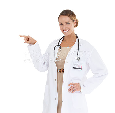 Buy stock photo Happy woman, portrait or doctor pointing at mockup space isolated on white background in studio. Marketing, advertising or confident nurse showing medical healthcare information, wellness or advice