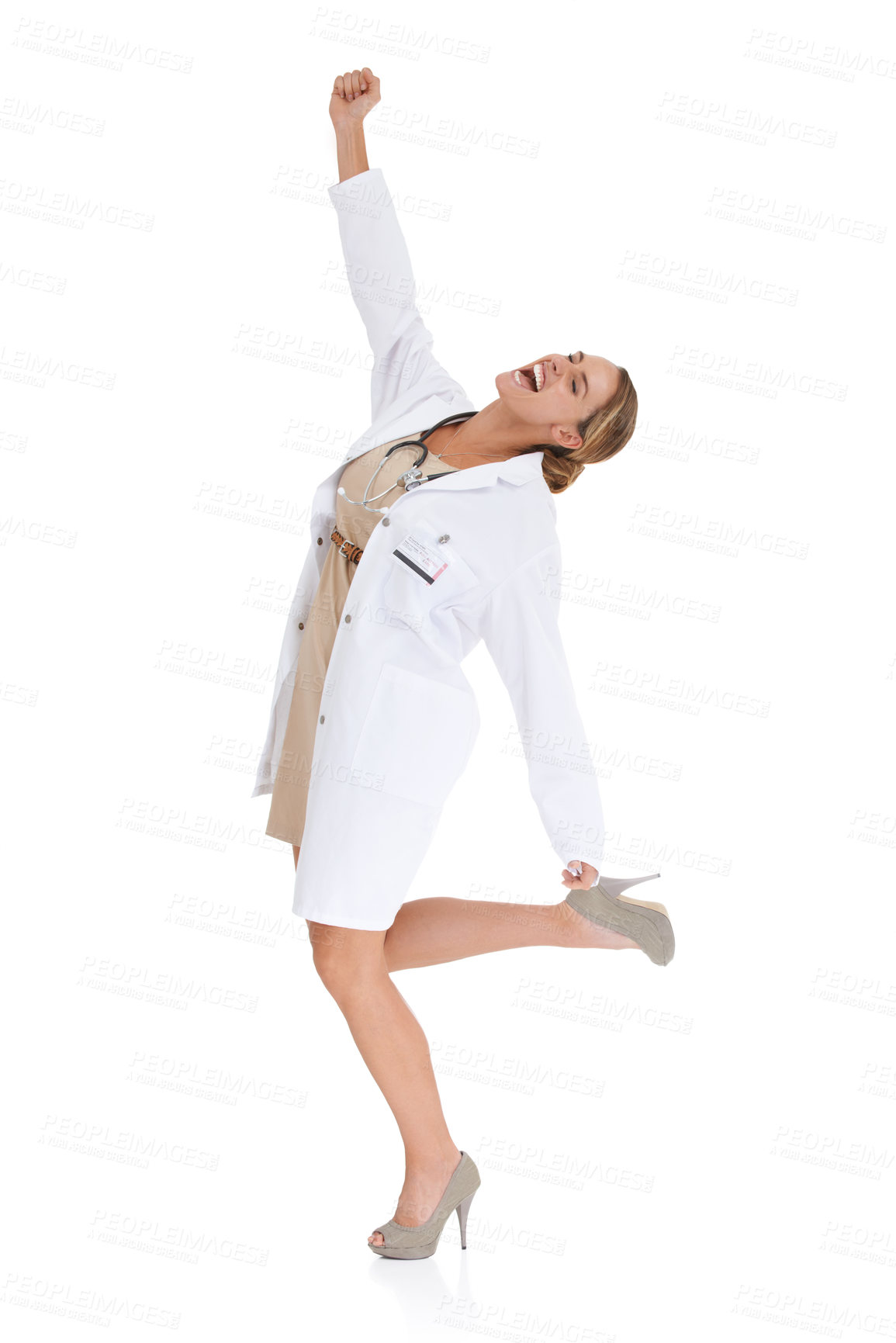 Buy stock photo Happy woman, celebration or excited doctor in studio for healthcare results, goals or success. Smile, cheers or proud medical worker for service, winning bonus or target isolated on white background