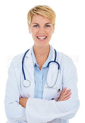 Buy stock photo A young female doctor standing against a white background