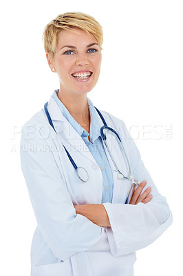 Buy stock photo Doctor, woman and portrait in studio with arms crossed for healthcare service, clinic and hospital career on a white background. Happy face of medical worker or person with professional health or job