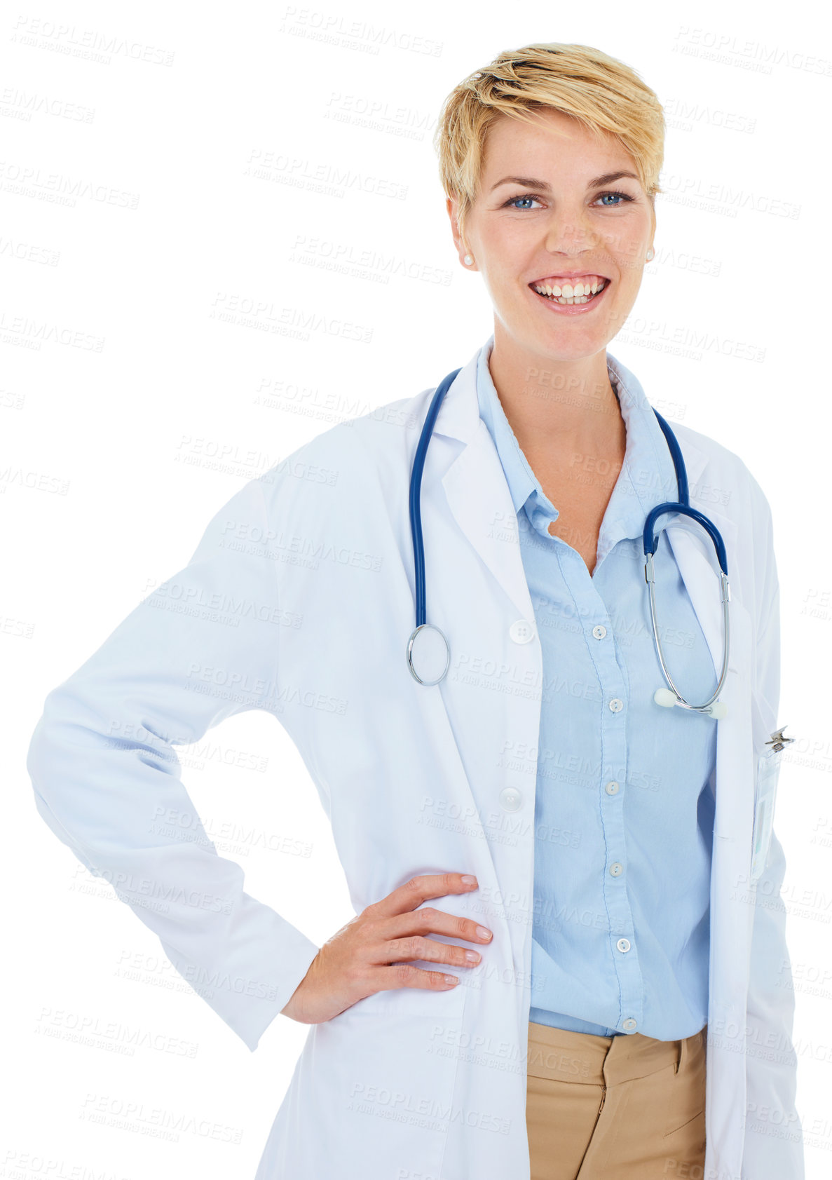 Buy stock photo Doctor, woman and pose in portrait for healthcare, confident and happy with medical expert on white background. Cardiovascular specialist, stethoscope and professional in health with smile in studio