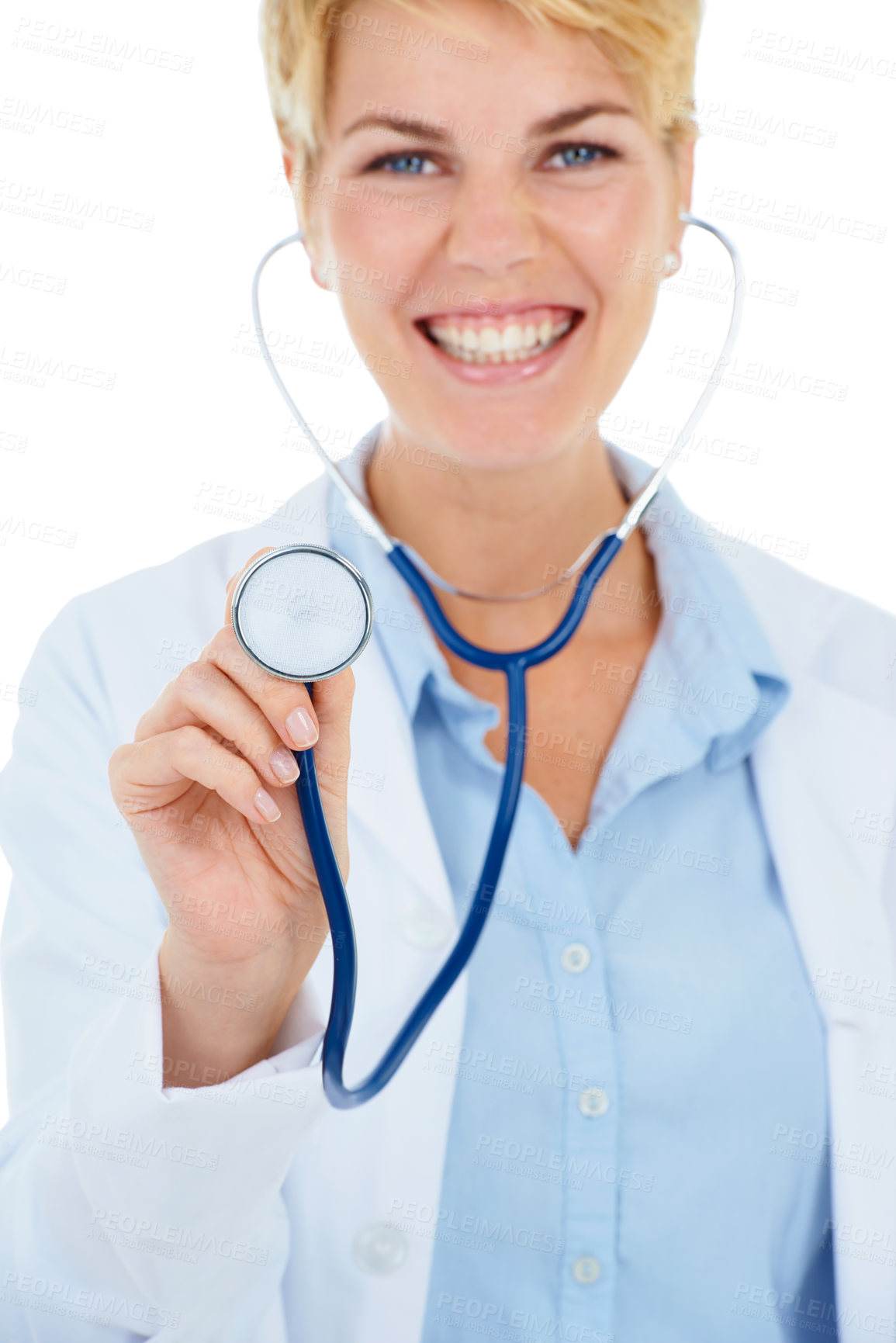 Buy stock photo Happy woman, stethoscope or portrait of doctor in studio for healthcare examination on white background. Smile, cardiovascular or check by a nurse ready for consultation, exam or help for wellness