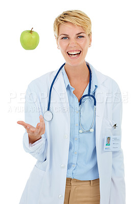 Buy stock photo Doctor, woman and apple, healthcare and diet with nutritionist in studio, happiness and wellness on white background. Healthy food promotion, medical professional with green fruit for nutrition