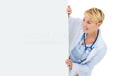 Buy stock photo Doctor, woman and poster for advertising for healthcare information on board and marketing on white background. Medical professional with happy announcement, paper or mockup space for ads in studio