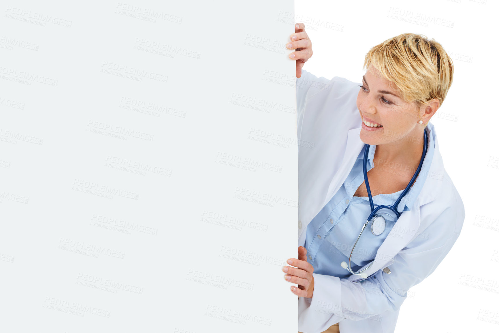 Buy stock photo Doctor, woman and poster for advertising for healthcare information on board and marketing on white background. Medical professional with happy announcement, paper or mockup space for ads in studio