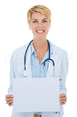 Buy stock photo Doctor, woman and happy in portrait, poster for advertising and healthcare information with board on white background. Medical professional with announcement, paper or mockup space for ads in studio