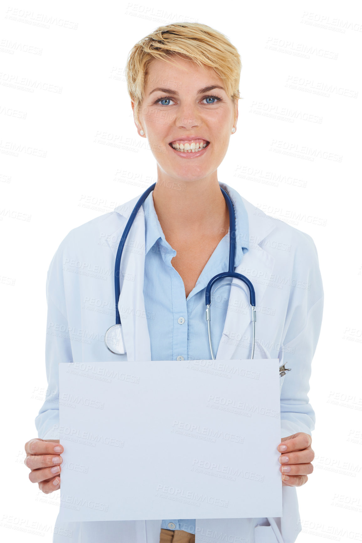 Buy stock photo Doctor, woman and happy in portrait, poster for advertising and healthcare information with board on white background. Medical professional with announcement, paper or mockup space for ads in studio