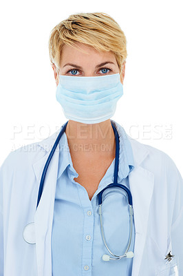 Buy stock photo A young female doctor with her mask on
