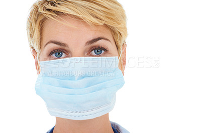 Buy stock photo Woman, doctor and face mask for protection in portrait or studio, medicare and compliance by white background. Medical professional, healthcare and pandemic or safety ppe for disease and coronavirus