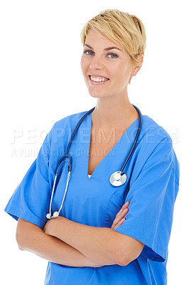 Buy stock photo A young smiling female doctor with a stethoscope around her neck