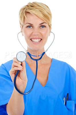 Buy stock photo Doctor, happy woman and stethoscope in a studio portrait for cardiology, healthcare and support or check. Young nurse listening for health in patient POV and medical services on a white background