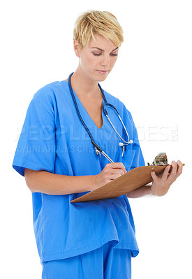 Buy stock photo Woman, nurse and writing with documents in studio for medical checklist, assessment and consultation. Professional or healthcare doctor with notes, clipboard or clinic services on a white background