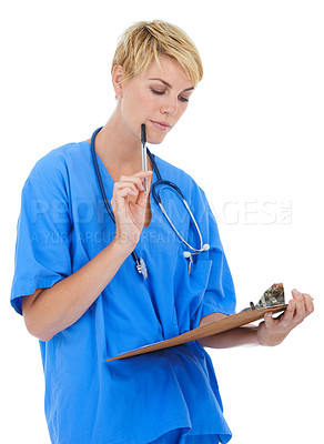 Buy stock photo Doctor, woman thinking and checklist in studio for medical research, assessment or clinic documents. healthcare worker or nurse with service solution, clipboard and paperwork on a white background