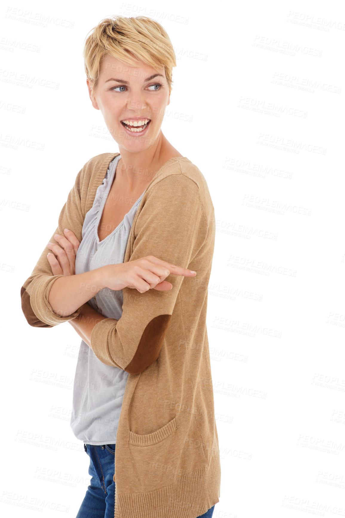 Buy stock photo Happy woman, pointing and advertising or marketing in fashion on a white studio background. Female person, model or blonde smile and showing notification, alert or special offer on mockup space