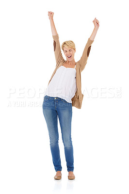 Buy stock photo Full length of an excited young woman celebrating while isolated on a white background