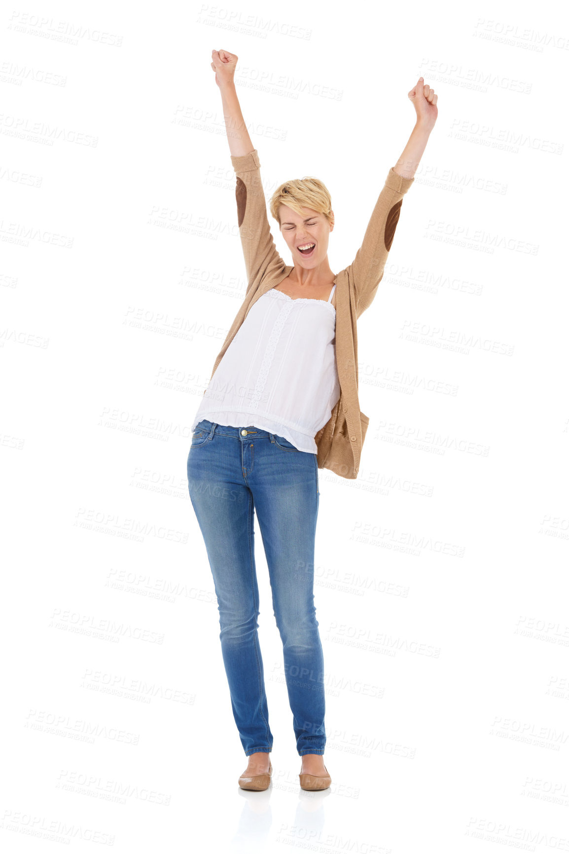 Buy stock photo Full length of an excited young woman celebrating while isolated on a white background